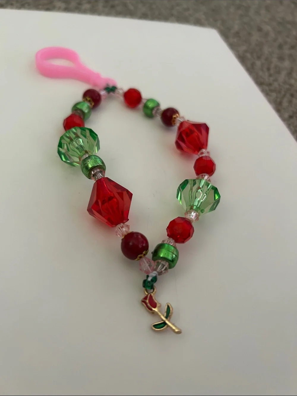 Beaded Red & Green Bracelet with Pink Clip